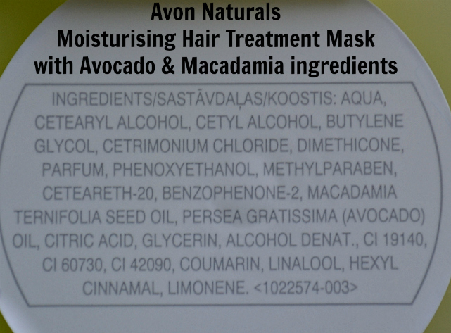 Avon Naturals Moisturising Hair Treatment Mask Avocado & Macadamia ingredients