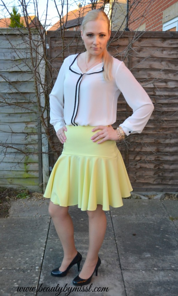 white blouse yellow skirt