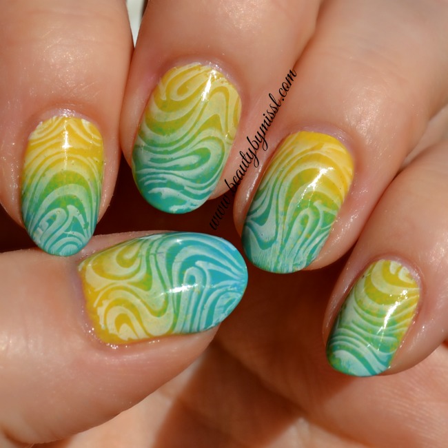 blue and yellow gradient nails and stamping 