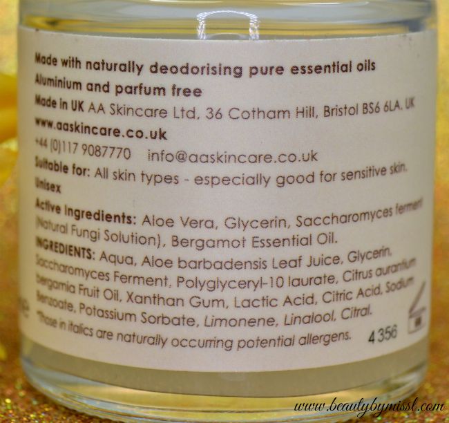 AA Skincare Bergamot & Aloe Deodorant ingredients