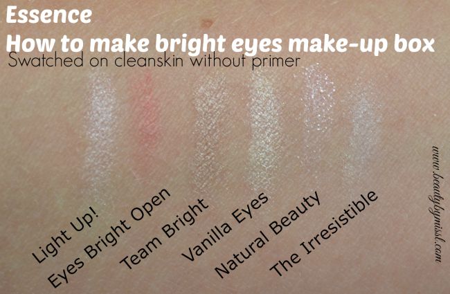 Essence How To Make Bright Eyes Make-Up Box eye shadows swatched on clean skin, without primer | www.beautybymissl.com via @beautybymissl
