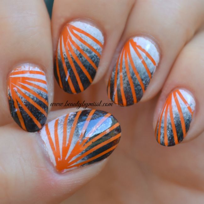 orange black white striped sponging nail art 