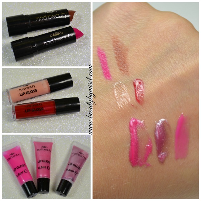 Mad Beauty lip glosses and lipsticks swatches