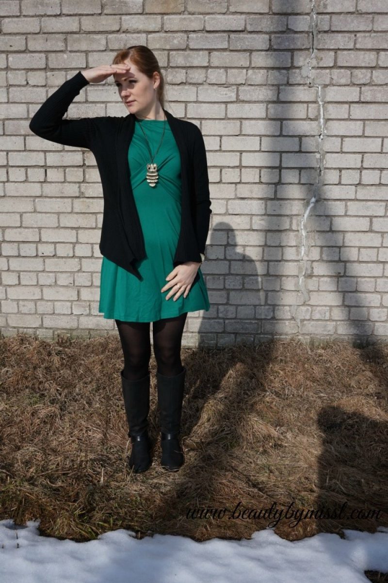 green dress from SheIn Esprit cardigan black boots Ecco owl necklace golden Michael Kors watch