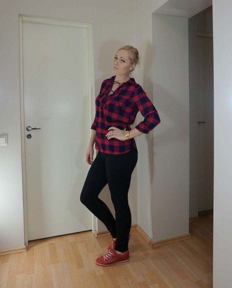casual outfit featuring red plaid shirt, red shoes and black pants