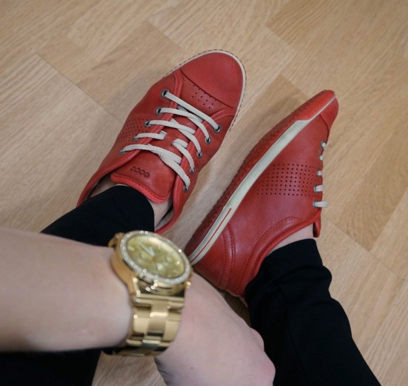 red ecco shoes and Michael Kors watch