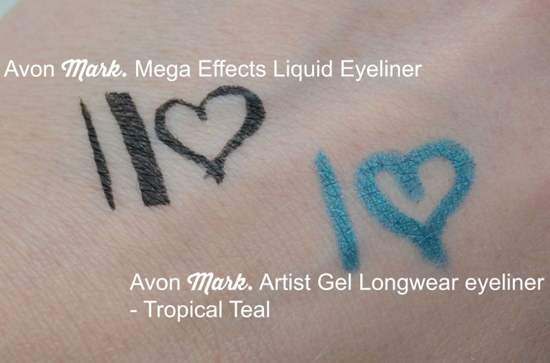 Avon Mark. Mega Effects Liquid Eyeliner in Black and Avon Mark. Artist Gel Longwear Eyeliner in Tropical Teal swatches