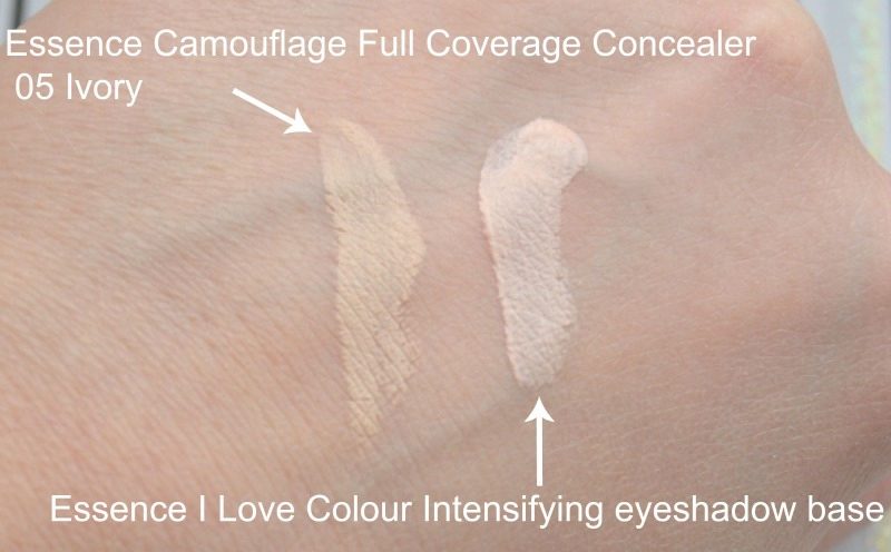 Essence Camouflage Full Coverage Concealer in 05 Ivory swatch. Essence I Love Colour Intensifying eyeshadow base swatch