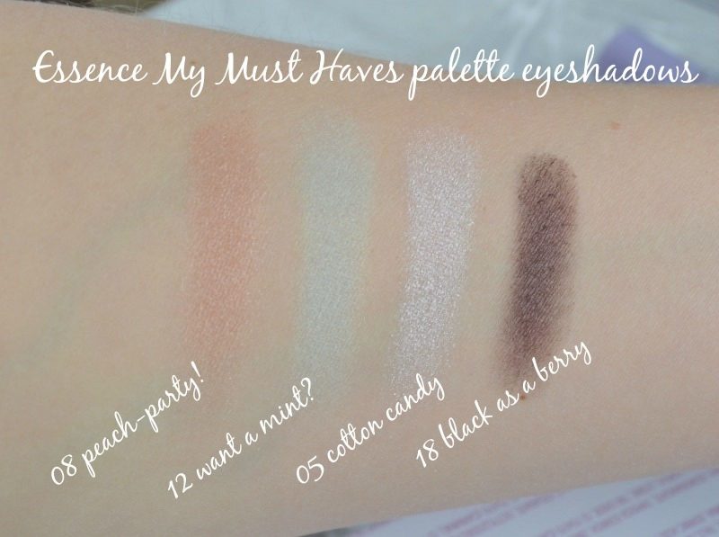Essence My Must Haves palette eyeshadows 08 peach-party!, 12 want a mint, 05 cotton candy and 18 black as a berry swatches