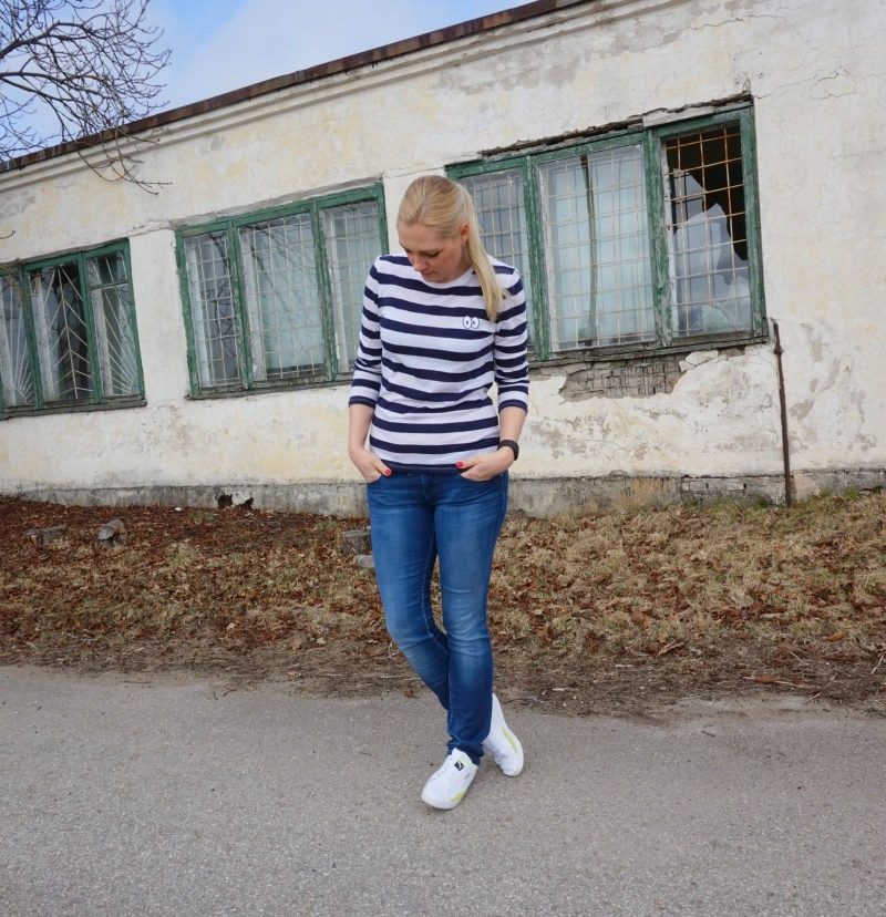 Zoe Karssen Cartoon Eyes Striped Long Sleeve Tee, Tommy Hilfiger Vicky jeans, Puma Match Lo Basic Sports Sneakers, Fitbit Charge HR