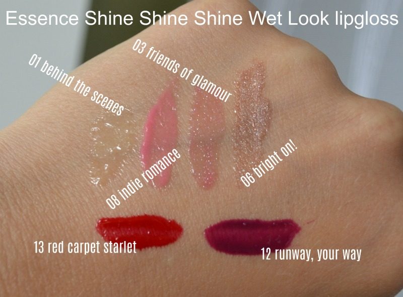 essence shine shine shine wet look lip gloss 01 behind the scenes, 08 indie romance, 03 friends of glamour, 06 bright on!, 13 red carpet starlet & 12 runway, your way swatches