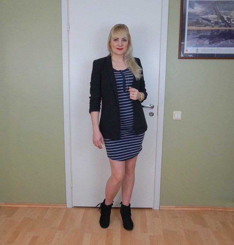 Striped dress and black blazer