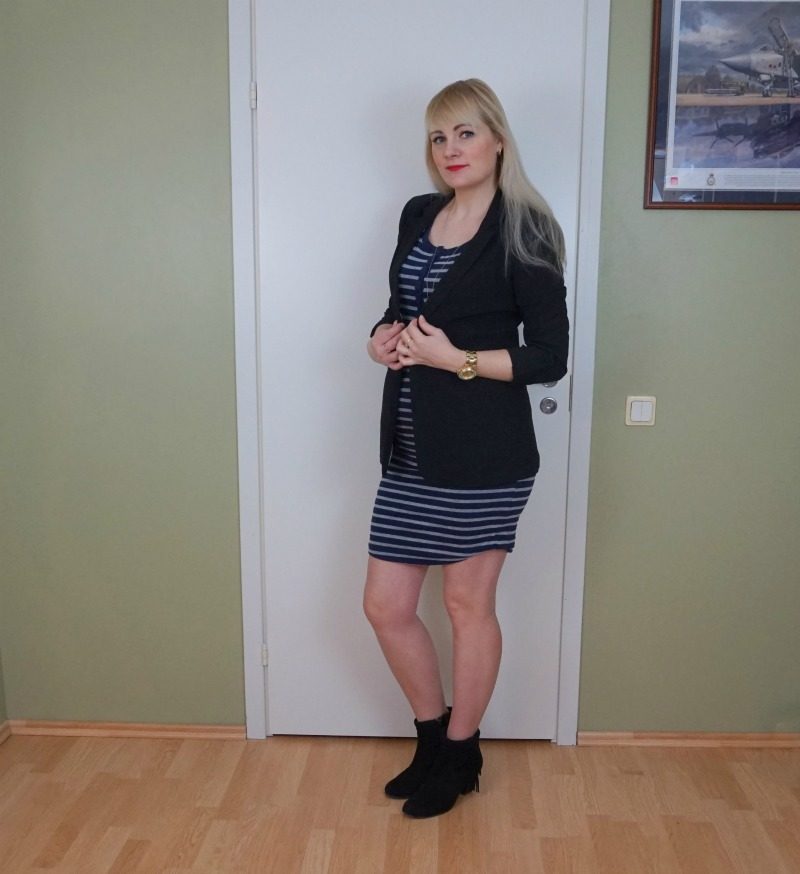 Striped dress and black blazer