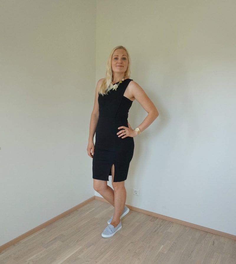 simple one shoulder midi dress and slip on trainers
