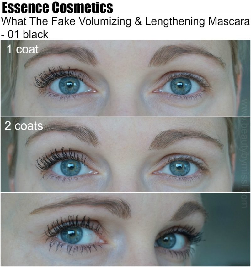 Essence Cosmetics What The Fake Volumizing & Lengthening Mascara 01 black on my lashes