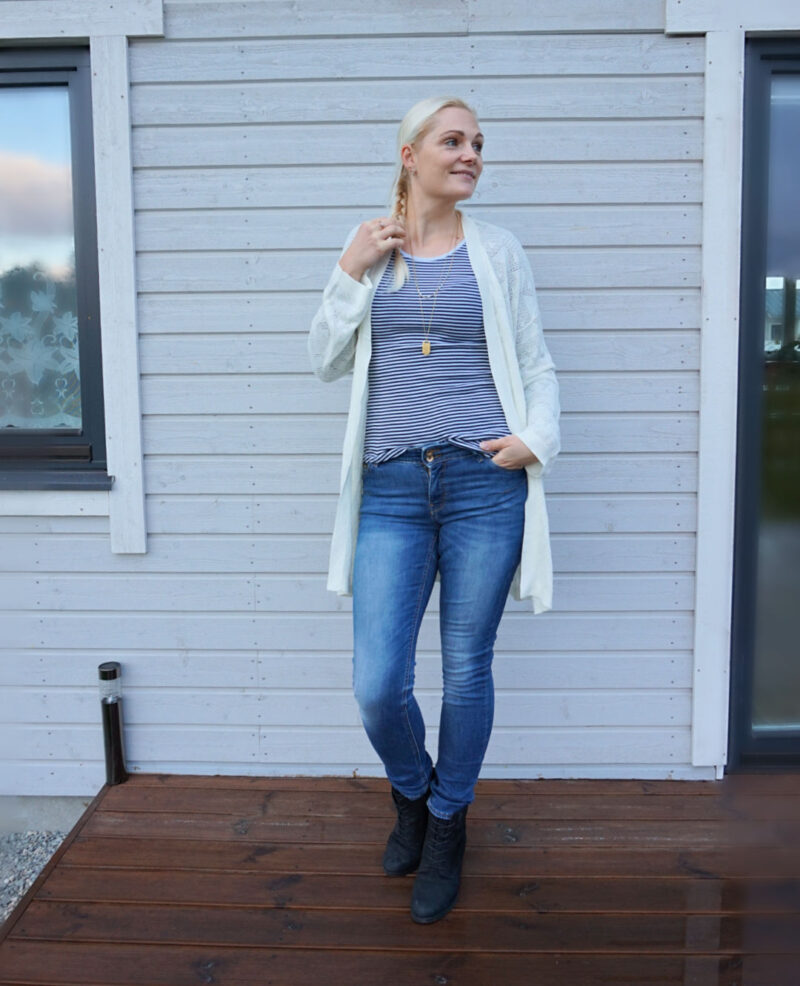 blue jeans white cardigan striped top outfit
