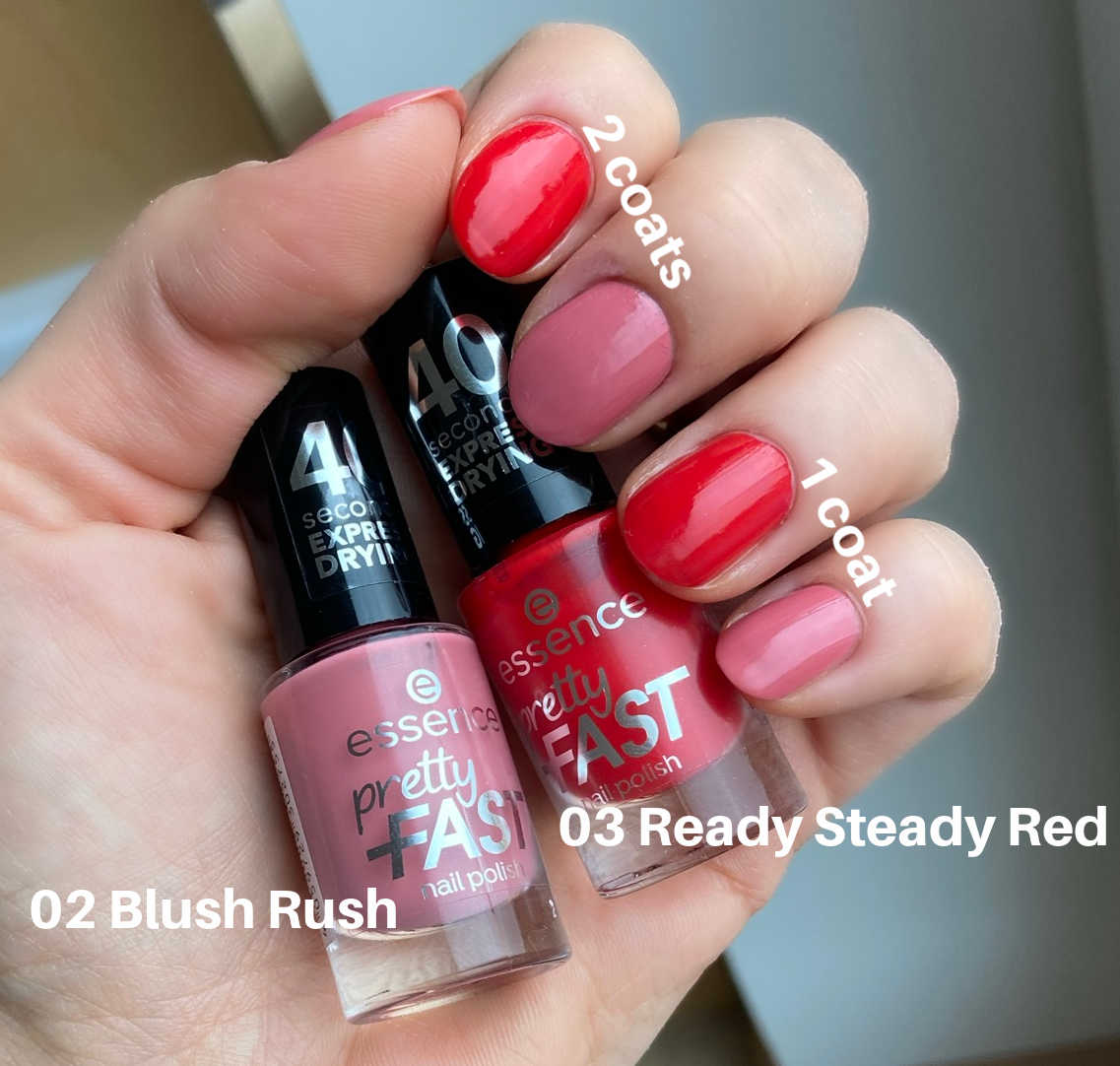 Essence Pretty Fast nail polish 02 Blush Rush and 03 Ready Steady Red 