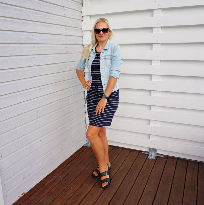 striped dress and denim jacket outfit