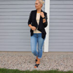 skinny jeans striped top leather jacket outfit